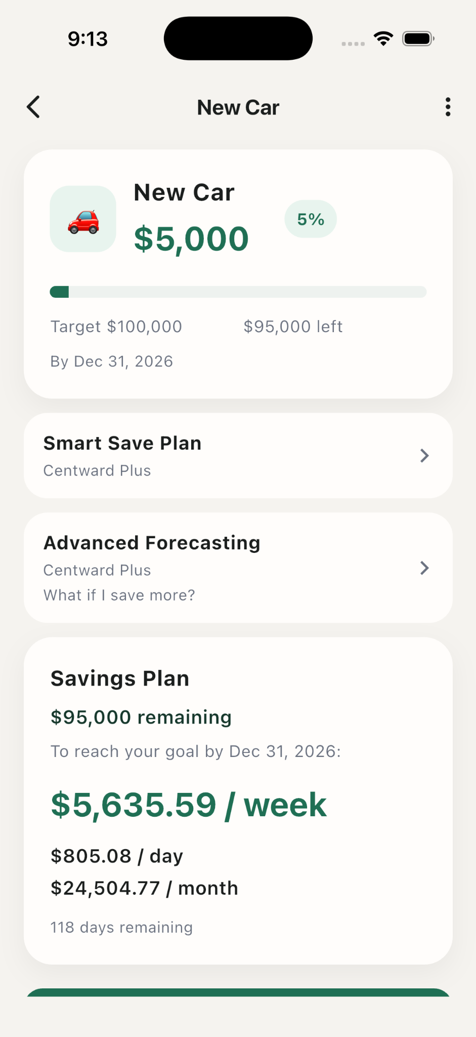 Centward goal detail and savings plan