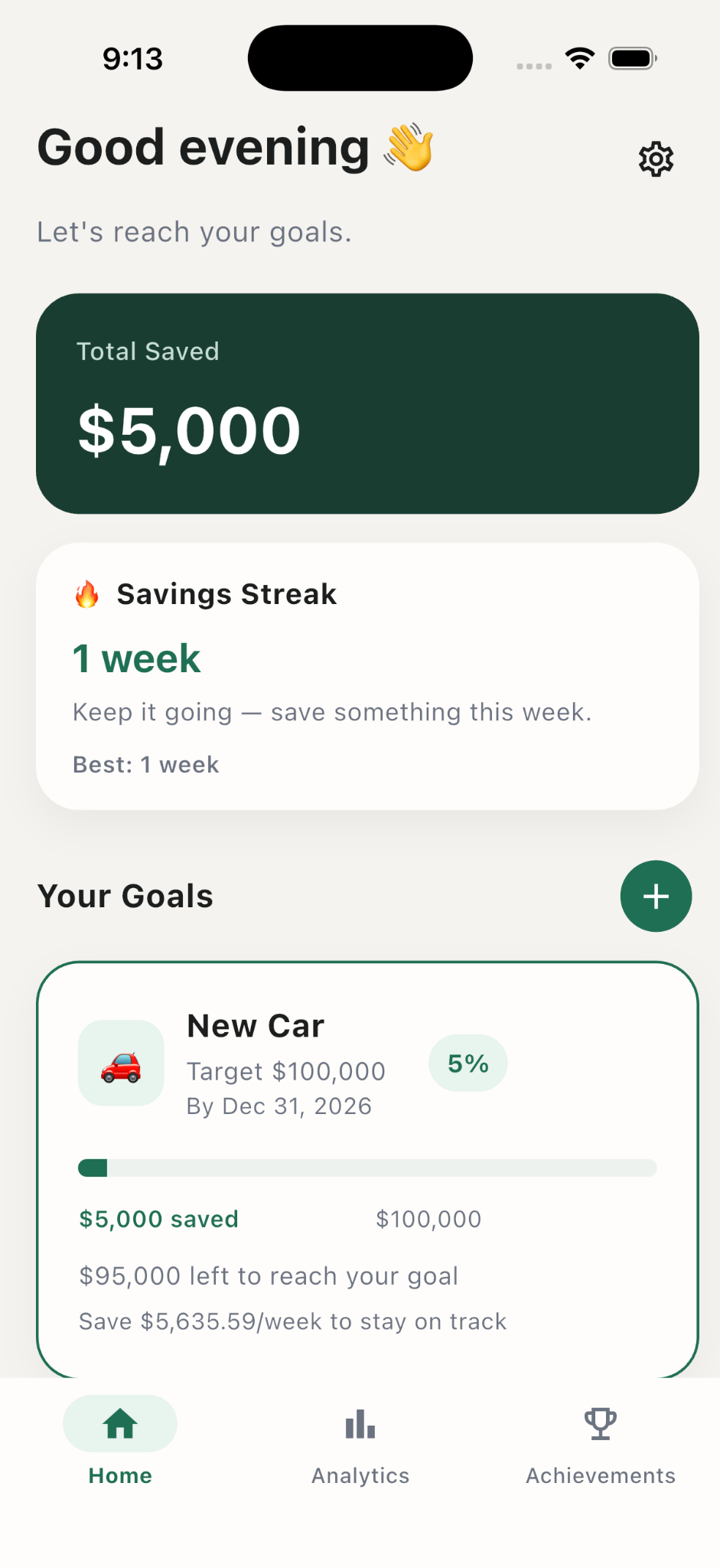 Centward Home screen showing total saved, savings streak, and a New Car goal